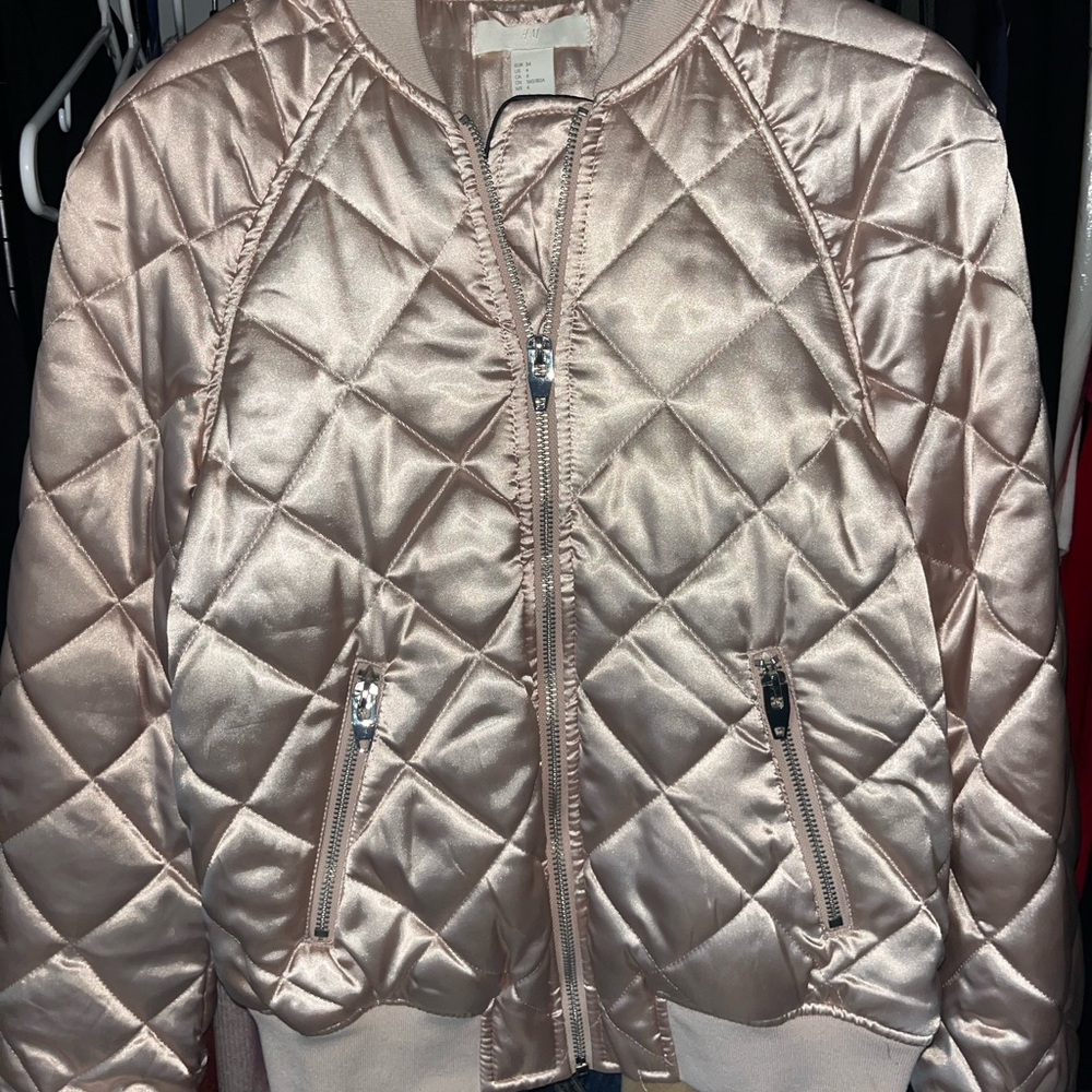 Quilted Satin Bomber Jacket - Metallic Pink